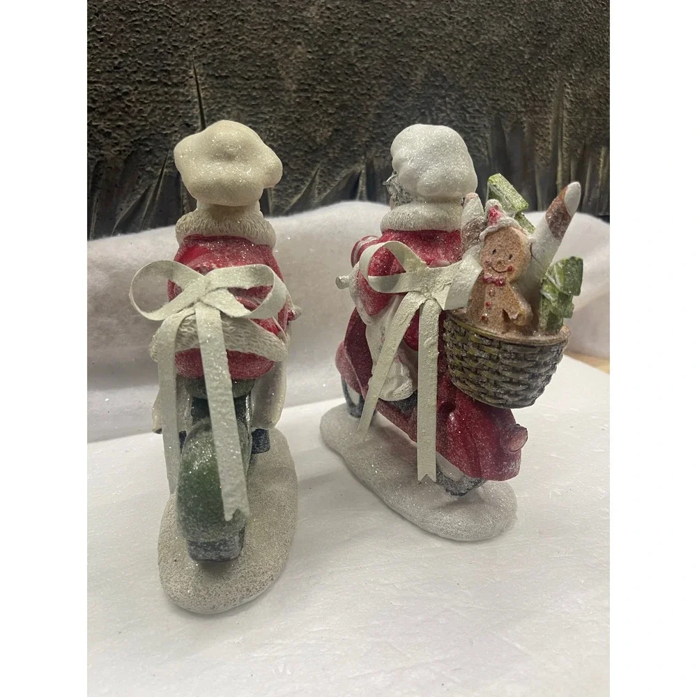 Valerie Parr Hill Santa and Mrs Claus Chef on Scooter Motorcycle Figurines Set